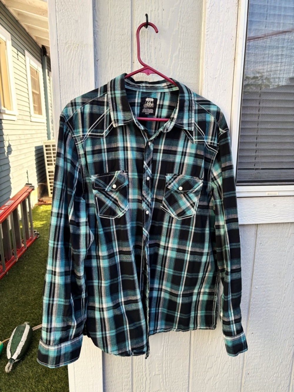 Route 66 Teal, Black, and White Plaid Snap Button-Up Shirt XL
